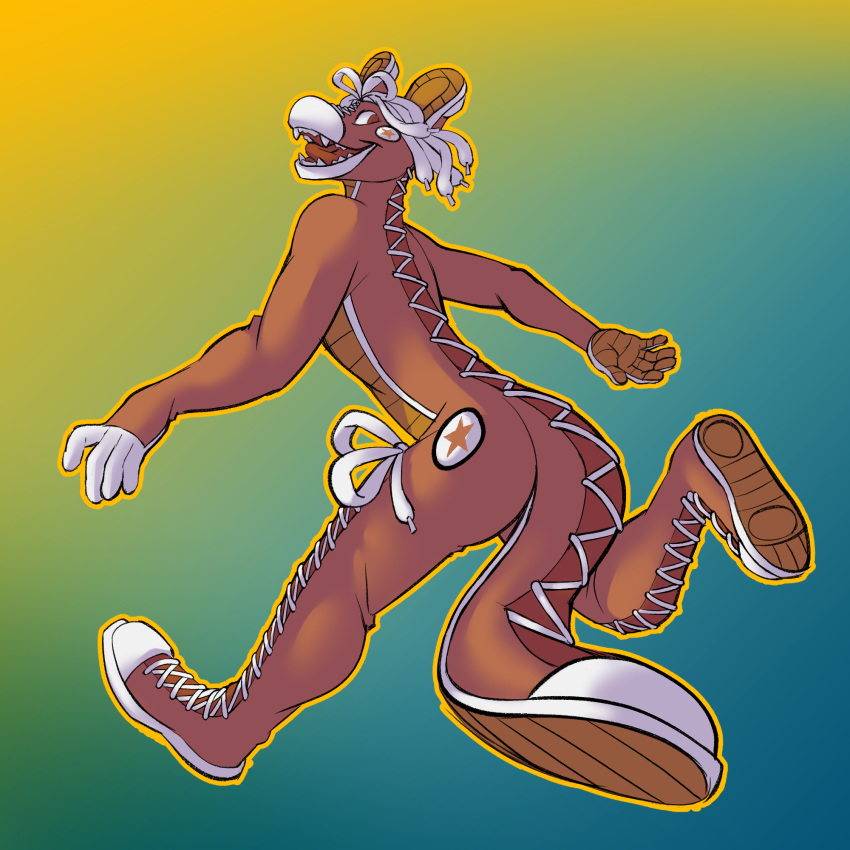 anthro anthrofied brown_body canid canine canis clothing converse converse_shoes domestic_dog fetishame footwear happy hi_res male mammal markings running shoelaces shoes sneakers solo star_marking unknown_species white_markings