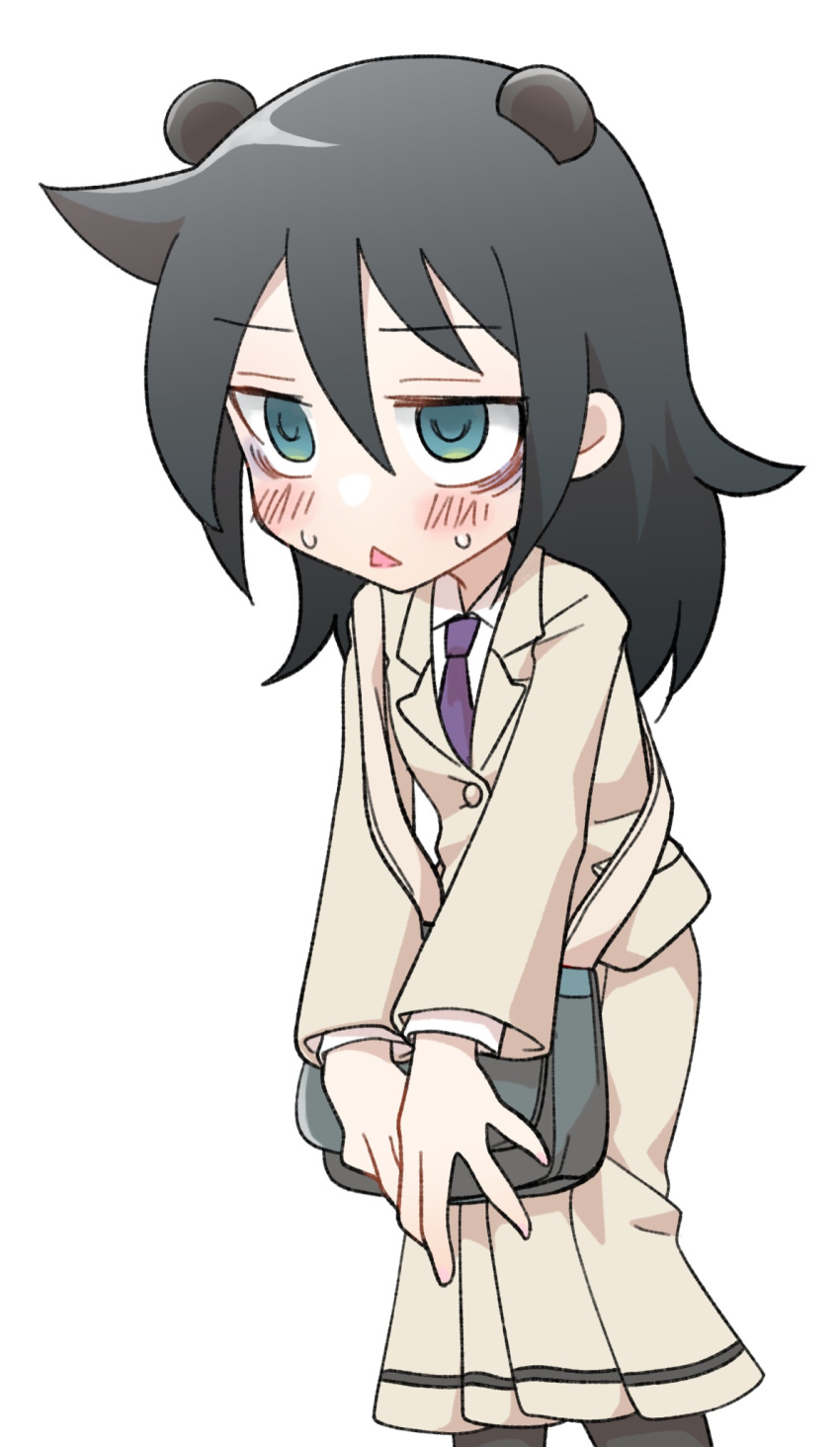 1girl animal_ears bag bags_under_eyes black_hair black_pantyhose blazer blush brown_jacket brown_skirt chestnut_mouth collared_shirt commentary_request fake_animal_ears hair_between_eyes highres hikaru_(ofuton_at5) jacket kuroki_tomoko long_hair long_skirt long_sleeves mouse_ears necktie open_mouth pantyhose pleated_skirt purple_necktie school_uniform shirt sidelocks simple_background skirt solo standing sweat watashi_ga_motenai_no_wa_dou_kangaetemo_omaera_ga_warui! white_background white_shirt