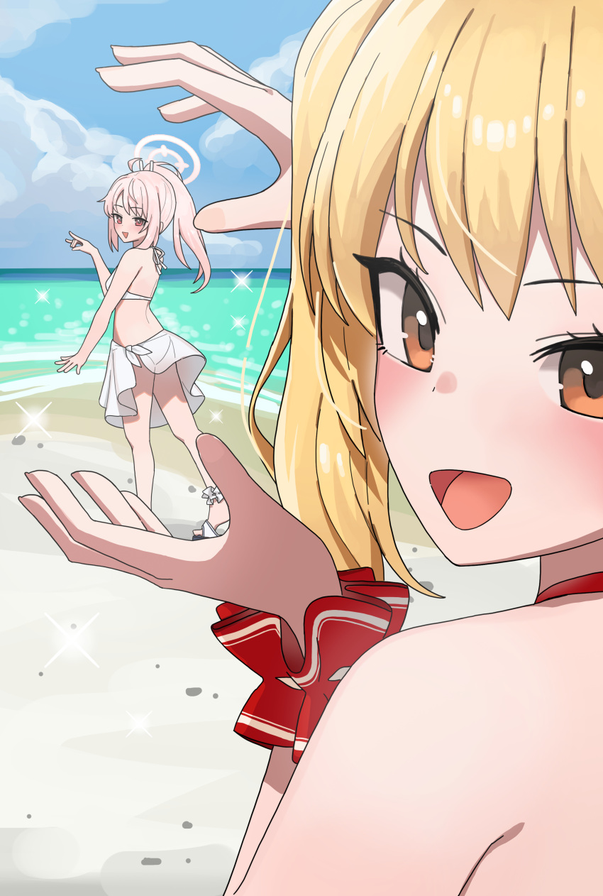 2girls absurdres ahoge alternate_costume ankle_scrunchie beach bikini blonde_hair blue_archive blue_sky brown_eyes cloud commentary_request day halo highres looking_at_viewer momocadraw multiple_girls natsu_(blue_archive) ocean open_mouth pink_eyes pink_hair red_bikini sand sandals sarong scrunchie side_ponytail sky smile sunlight swimsuit water white_bikini white_sarong wrist_scrunchie yoshimi_(blue_archive)