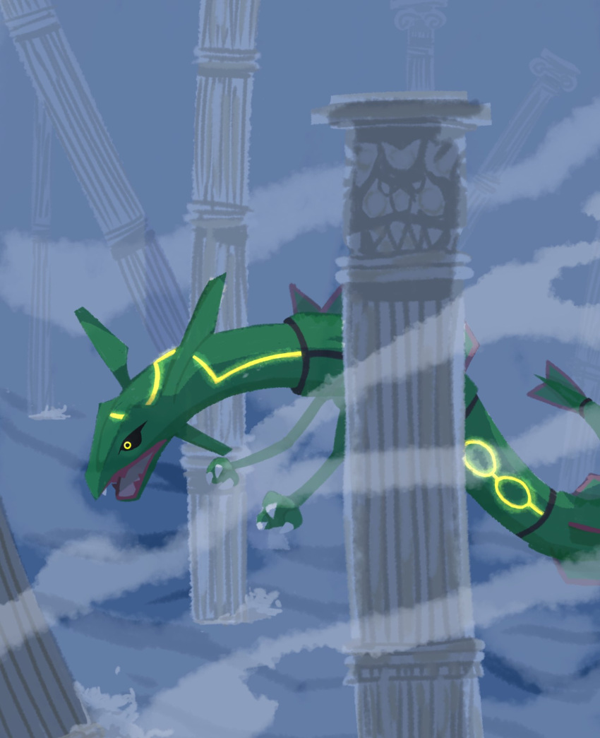black_sclera claws colored_sclera commentary_request dragon eastern_dragon flying fog from_side highres looking_down no_humans open_mouth outdoors pillar pokemon pokemon_(creature) rayquaza solo tomozo_(muginosukejr) water yellow_eyes