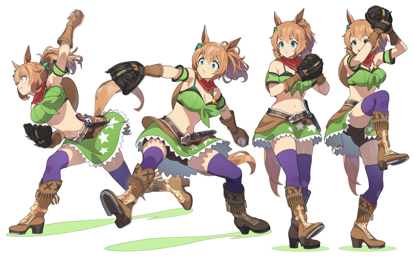 1girl absurdres animal_ears arm_garter arms_up bandana bandeau bare_shoulders baseball baseball_mitt belt bike_shorts boots breasts brown_footwear brown_gloves brown_hair cleavage crop_top full_body gloves green_eyes green_skirt gun hat_around_neck high_heel_boots high_heels highres holster holstered horse_ears horse_girl horse_tail jewelry looking_afar medium_breasts midriff motion_blur multiple_views navel necklace nishiki_kazue outstretched_arm pitching ponytail purple_thighhighs revolver sequential short_hair skirt standing taiki_shuttle_(umamusume) tail thighhighs throwing umamusume v-shaped_eyebrows weapon white_background