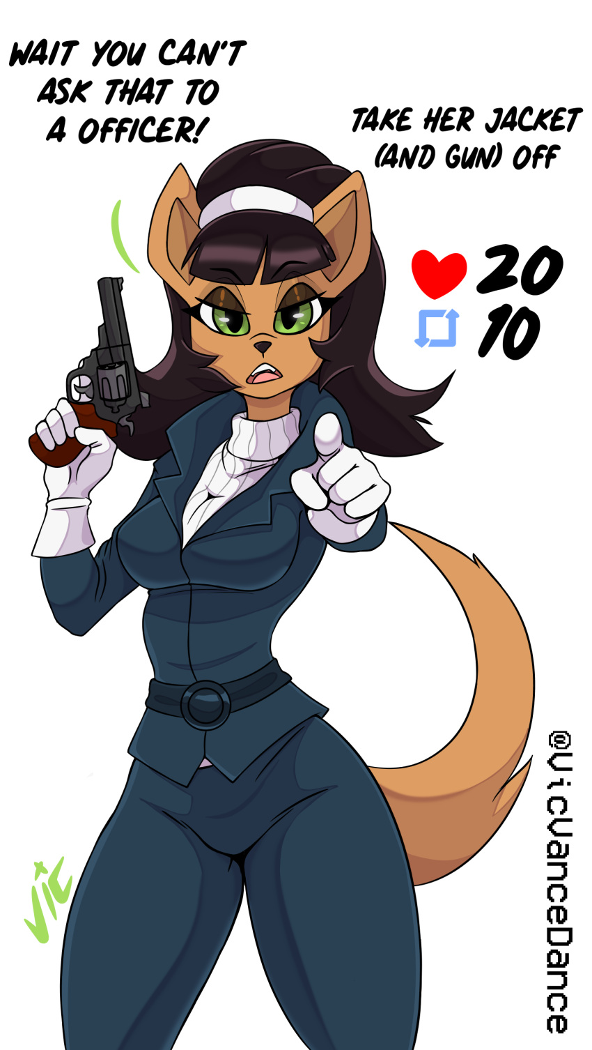 absurd_res anthro black_hair brown_body brown_fur clothing female fur gesture gloves green_eyes gun hair handwear hi_res jacket kitty_katswell nickelodeon pointing pointing_at_viewer ranged_weapon solo sweater t.u.f.f._puppy tagme topwear vicvance weapon