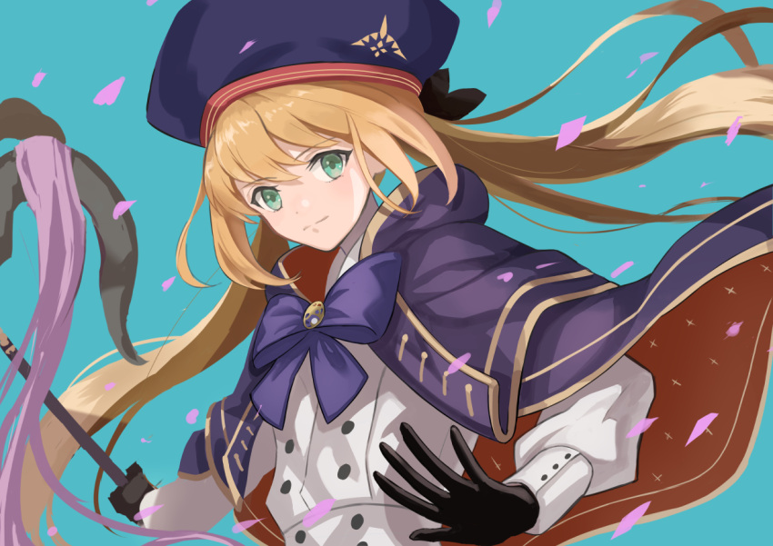 1girl artoria_caster_(fate) artoria_pendragon_(fate) black_gloves blonde_hair blue_cape buttons cape dress fate/grand_order fate_(series) gloves green_eyes hat holding holding_staff long_hair long_sleeves looking_at_viewer multicolored_cape multicolored_clothes staff touchika twintails white_dress