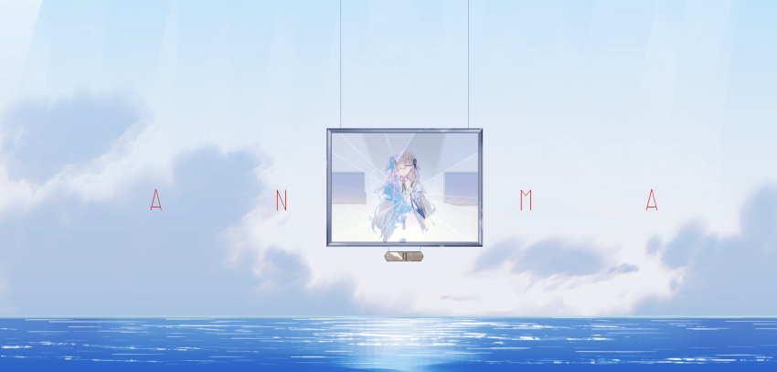 1girl absurdres bag blue_dress blue_hair cloud day dress expressionless flower hair_flower hair_ornament hair_over_one_eye highres isekai_joucho kamitsubaki_studio long_hair long_sleeves looking_at_viewer multicolored_hair ocean picture_frame shoulder_bag sky solo surreal two-tone_dress two-tone_hair upper_body virtual_youtuber walluka water white_dress white_eyes white_hair