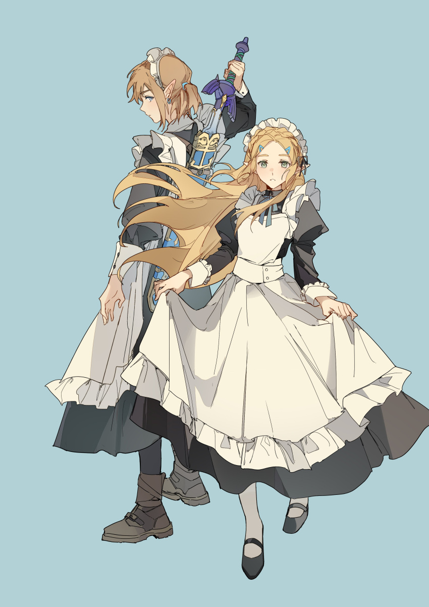 1boy 1girl absurdres alternate_costume apron black_dress black_footwear blonde_hair blue_background blue_eyes blue_ribbon brown_footwear commentary crossdressing dress enmaided full_body green_eyes hair_ornament hairclip highres juliet_sleeves link long_hair long_sleeves looking_at_viewer maid maid_apron maid_headdress male_maid master_sword neck_ribbon pantyhose pointy_ears princess_zelda profile puffy_sleeves ribbon shoes short_hair short_ponytail simple_background the_legend_of_zelda the_legend_of_zelda:_twilight_princess white_apron white_pantyhose yuno_11_02
