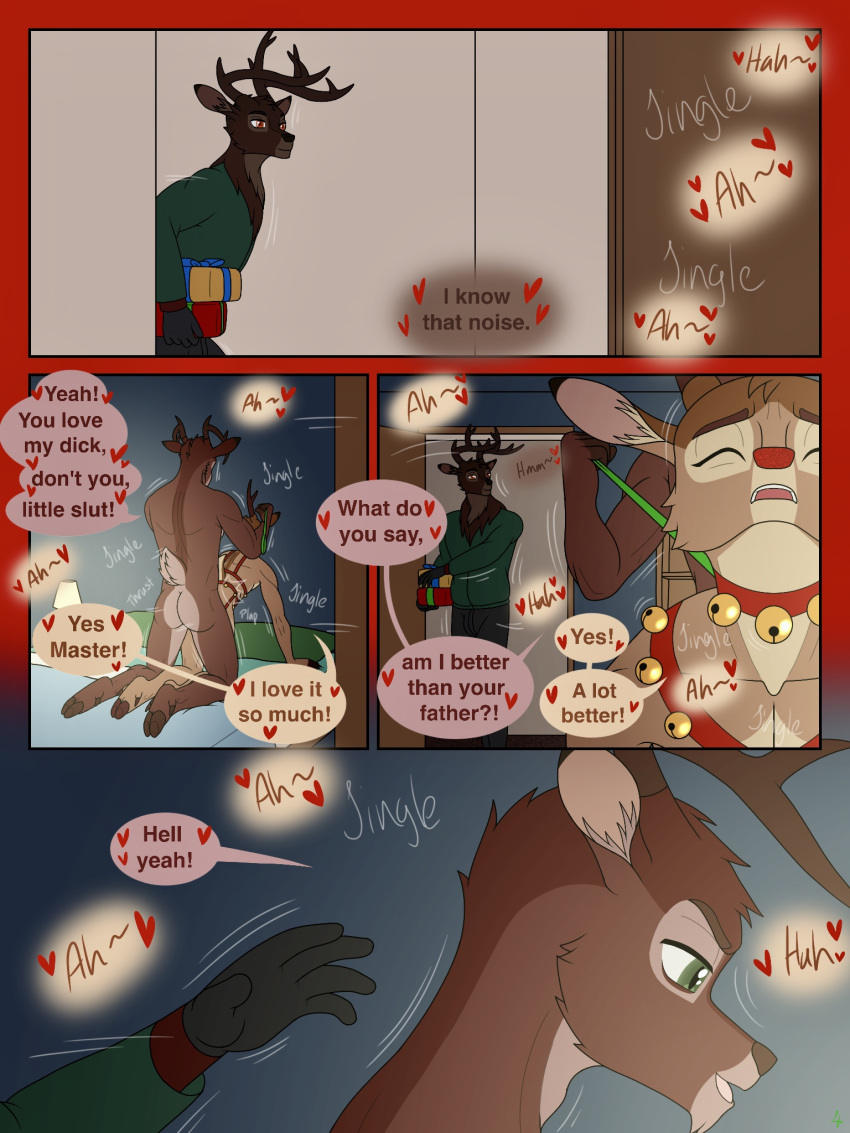 anal anal_penetration anthro antlers anus balls bambi bambi_(film) bathroom bed bedroom bell bell_collar bell_harness blurred_background brown_body butt christmas clothing collar comic deer dialogue digital_media_(artwork) disney dustin_c english_text erection father_(lore) furniture genitals green_eyes group hair hand_on_penis hand_on_shoulder harness hi_res holidays hooves horn humanoid_genitalia humanoid_penis inside jingle_bell jingle_bell_harness jockstrap leash leash_pull leashed_collar looking_at_another looking_at_viewer male male/male male_penetrated male_penetrating male_penetrating_male mammal motion_lines muscular muscular_anthro muscular_male nude open_mouth parent_(lore) pecs penetration penile penile_penetration penis penis_in_ass reaching reaching_towards_another red_nose ring ronno scut_tail sex short_tail simple_background smile speech_bubble tail teeth text the_great_prince_of_the_forest tongue trio underwear