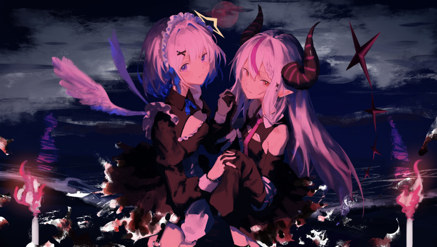2girls 7ife absurdres amane_kanata black_dress black_nails blue_hair blue_ribbon cleavage_cutout clothing_cutout commentary_request dress fireworks hair_ornament highres hololive horns la+_darknesss long_hair looking_at_viewer maid_headdress moon multicolored_hair multiple_girls necktie night o-ring o-ring_thigh_strap ocean outdoors pink_hair pink_necktie purple_eyes red_eyes ribbon short_hair shoulder_cutout sparkler streaked_hair thigh_strap virtual_youtuber white_hair wings