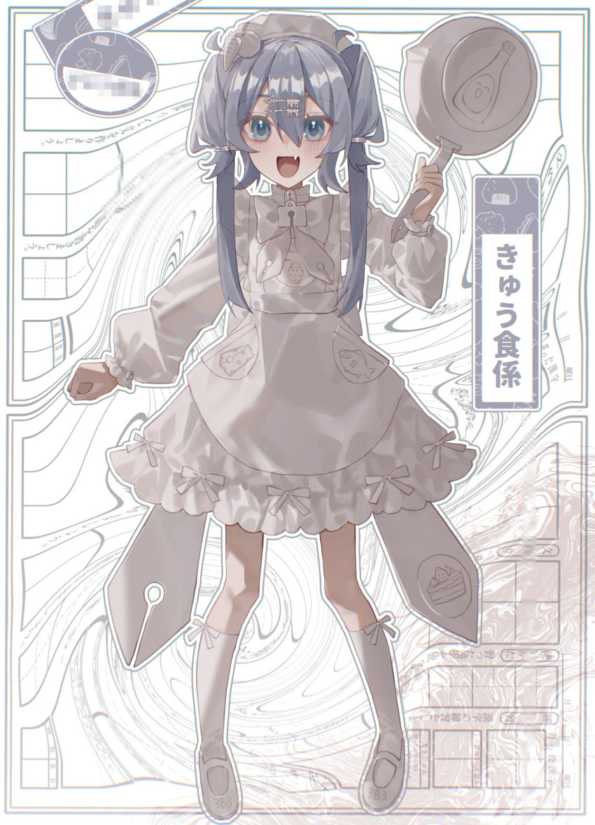 1girl apron blue_eyes bright_pupils double-parted_bangs dress fang frilled_dress frills frying_pan full_body hair_ornament hairclip highres holding holding_frying_pan key lock looking_at_viewer low_twintails maid maid_apron maid_headdress mapamimo open_mouth original pocket purple_hair sidelocks socks standing twintails white_apron white_dress white_footwear white_pupils white_socks