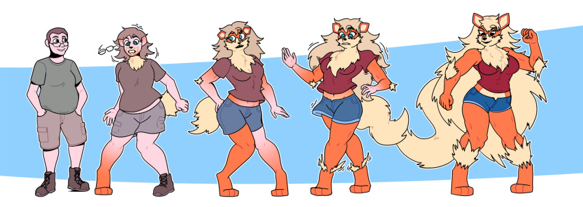 anthro arcanine artist-chan blonde_hair breast_growth breasts brown_hair clothed clothing colored female fur gender_transformation generation_1_pokemon growth hair hi_res human long_hair male mammal medium_breasts mtf_transformation nintendo orange_body orange_fur pokemon pokemon_(species) solo species_transformation surprised_expression tail tail_growth transformation yellow_body yellow_fur