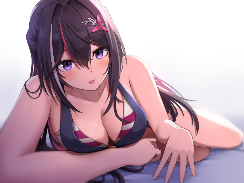 1girl absurdres azki_(hololive) bare_shoulders black_hair blush breasts cleavage collarbone colored_inner_hair hair_between_eyes hair_ornament highres hololive hololive_summer_2023_swimsuit long_hair looking_at_viewer medium_breasts micon multicolored_hair pink_hair purple_eyes solo streaked_hair thighs tongue tongue_out virtual_youtuber white_hair