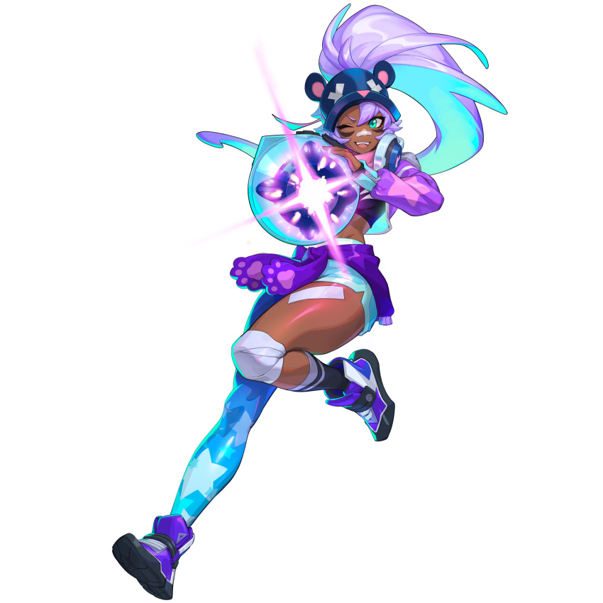 1girl animal_hat artist_request bandaged_leg bandages blue_footwear blue_hair clothes_around_waist dark-skinned_female dark_skin hat highres jacket jacket_around_waist juliette_(omega_strikers) long_hair multicolored_hair non-web_source official_alternate_costume official_art omega_strikers one_eye_closed patterned_legwear paw_print purple_hair single_leg_pantyhose smile solo two-tone_hair