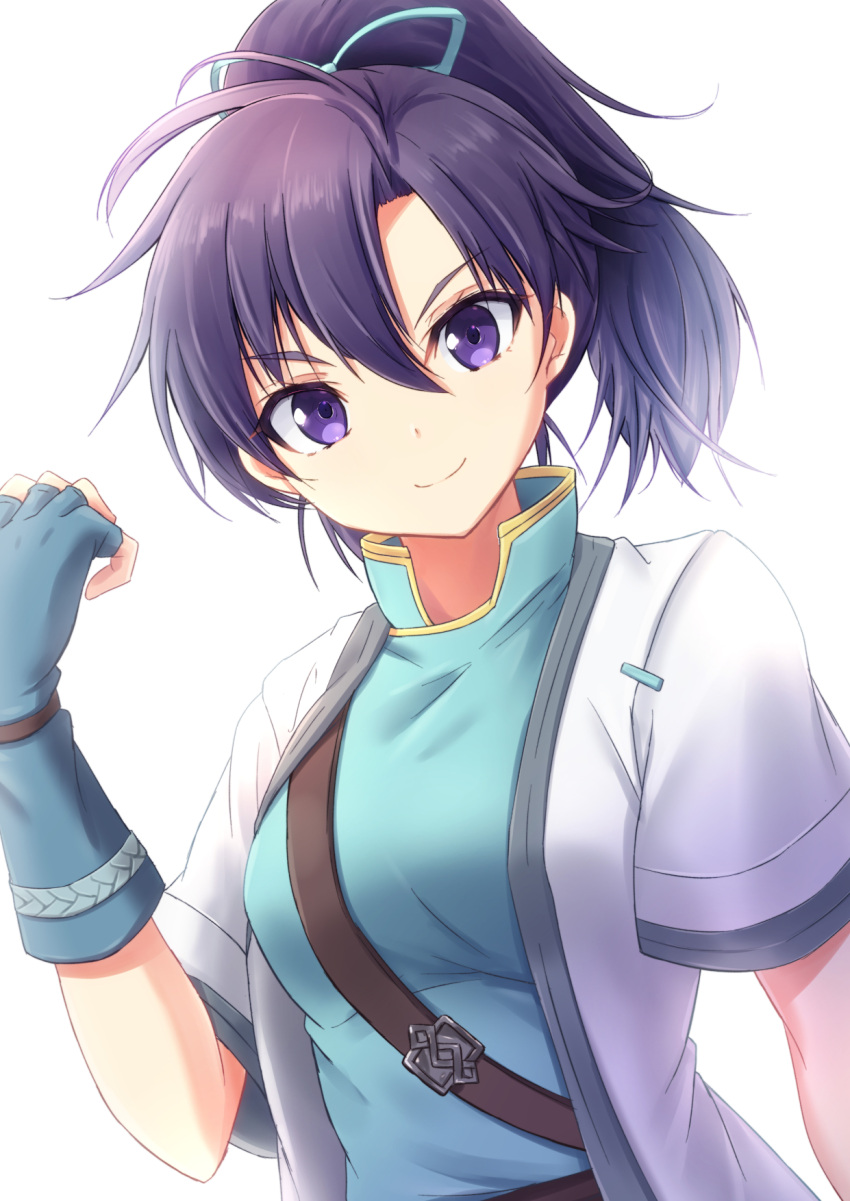 1girl blue_dress blue_gloves blue_ribbon dress fingerless_gloves fir_(fire_emblem) fire_emblem fire_emblem:_the_binding_blade gloves hair_between_eyes hair_ribbon highres jacket long_hair looking_at_viewer minamonochaba open_clothes open_jacket ponytail purple_eyes purple_hair ribbon smile solo upper_body white_background white_jacket