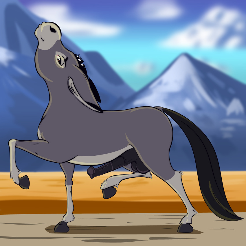 2023 absurd_res anatomically_correct anatomically_correct_genitalia anatomically_correct_penis animal_genitalia animal_penis asinus balls bedroom_eyes big_ears black_balls black_penis blue_sky countershading digital_media_(artwork) donkey equid equine equine_genitalia equine_penis erection feral flared_penis fur genitals grey_body hair hi_res male mammal mane mane_hair medial_ring mountain narrowed_eyes oliver_(the_forest_of_love) penis seductive sky smile solo strutting tail the_forest_of_love wisty