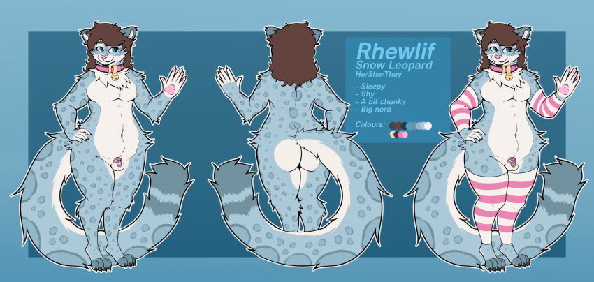 5_fingers anthro balls bell bell_collar biped brown_hair butt chastity_cage chastity_device claws collar collar_only color_swatch countershade_butt countershade_face countershade_fur countershade_tail countershade_torso countershading felid fingers fur genitals girly hair hi_res male mammal model_sheet nonbinary_(lore) nude pantherine pawpads pink_pawpads rhewlif rhewlif_(character) snow_leopard solo tail