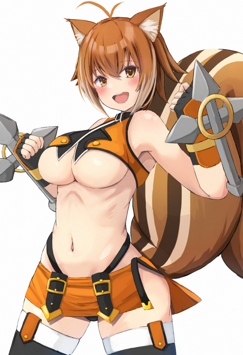 1girl acorn animal_ear_fluff animal_ears antenna_hair armpits bare_shoulders black_gloves blazblue breasts brown_eyes brown_hair fingerless_gloves gloves hair_between_eyes highleg highleg_panties highres large_breasts looking_at_viewer makoto_nanaya navel open_mouth panties revealing_clothes solo squirrel_ears squirrel_girl squirrel_tail stomach tabii tail underboob underwear