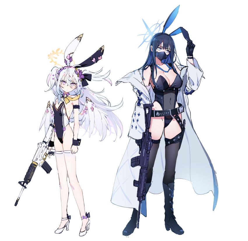 2girls alternate_costume animal_ears assault_rifle azusa_(blue_archive) black_leotard black_mask blue_archive boots breasts cleavage coat commentary_request crossed_bangs flat_chest flower full_body gun hair_between_eyes hair_flower hair_ornament halo high_heel_boots high_heels highres jacket large_breasts leotard long_hair looking_at_viewer low_wings m4_carbine mameojitan mask mouth_mask multiple_girls neckerchief open_clothes open_jacket playboy_bunny purple_flower rabbit_ears rifle saori_(blue_archive) sidelocks sig_516 sig_sauer simple_background sleeveless snap-fit_buckle standing strapless strapless_leotard thighhighs weapon white_background white_coat white_hair white_wings wing_ornament wings yellow_neckerchief