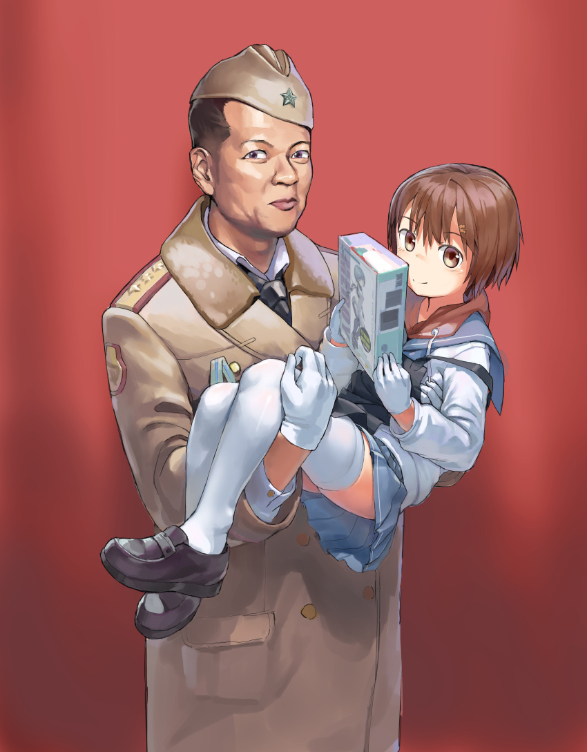 1boy 1girl absurdres black_footwear blue_skirt brown_eyes brown_hair carrying closed_mouth gloves highres holding military_uniform original pleated_skirt red_background school_uniform serafuku short_hair simple_background skirt smile thighhighs uniform white_gloves white_thighhighs zhongye_yu