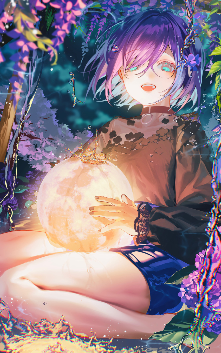 1boy absurdres aqua_eyes black_nails black_shirt blue_hair blue_shorts choker colored_inner_hair flower hair_over_one_eye highres karonaru light_blue_hair male_child male_focus multicolored_hair night night_sky o-ring o-ring_choker open_mouth original purple_flower purple_hair red_choker shirt shorts sky smile star_(sky) starry_sky