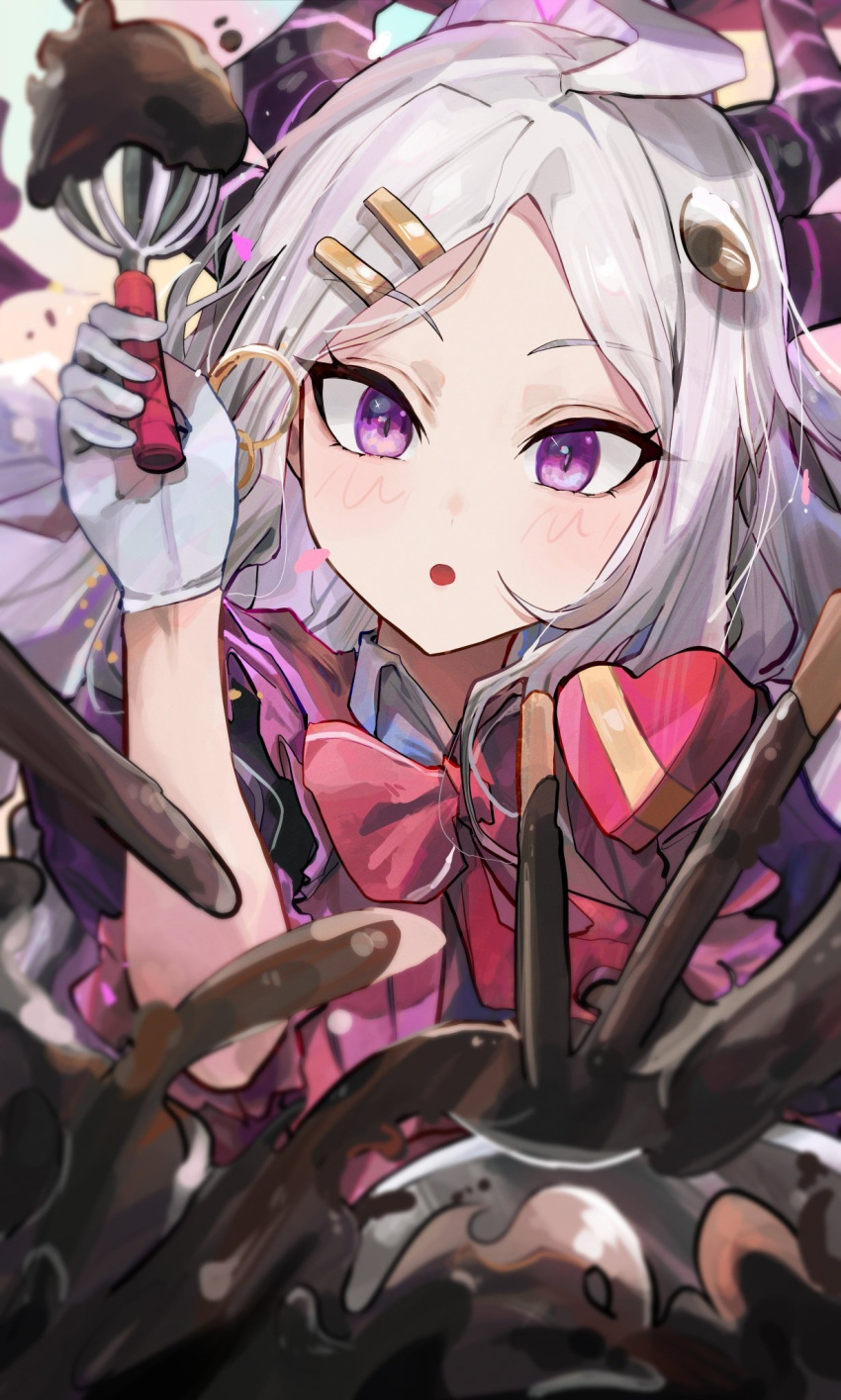 1girl ahoge black_horns blanc_(whit_blanc) blue_archive blush bow bowtie box chocolate demon_horns gift gift_box gloves heart-shaped_box highres hina_(blue_archive) holding holding_whisk horns long_hair looking_at_viewer multiple_horns open_mouth parted_bangs purple_eyes red_bow red_bowtie solo upper_body very_long_hair whisk white_gloves white_hair