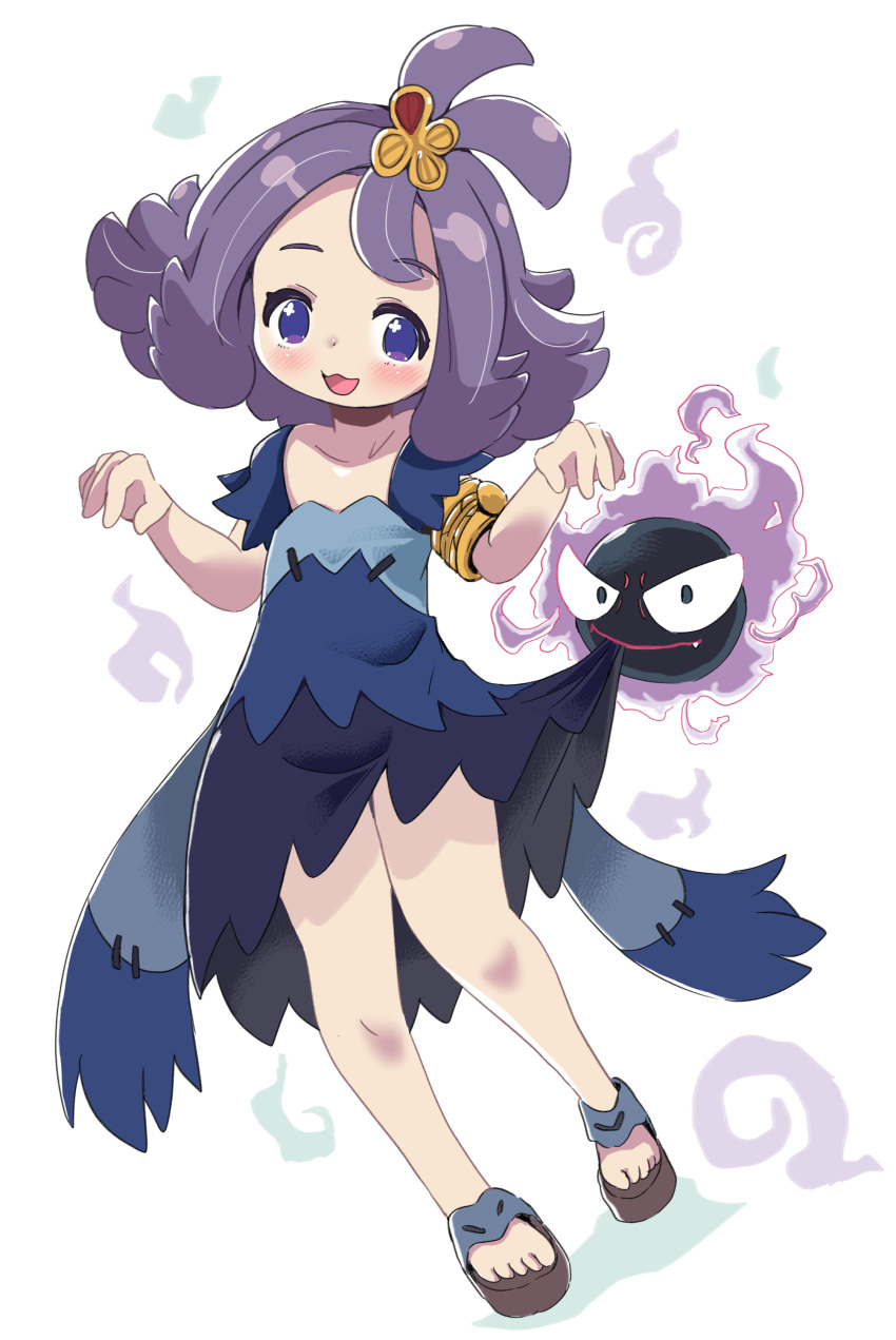 1girl :d absurdres acerola_(pokemon) blue_dress blush brown_footwear closed_mouth clothes_lift collarbone commentary_request dress dress_lift fang fang_out flipped_hair forehead full_body gastly hands_up highres lemon_pan lifted_by_another mouth_hold pokemon pokemon_(creature) pokemon_(game) pokemon_sm purple_eyes purple_hair sandals simple_background smile standing white_background