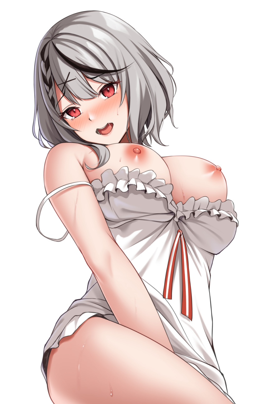 1girl black_hair braid breasts camisole dress grey_hair hair_ornament highres hololive large_breasts looking_at_viewer multicolored_hair nipples open_mouth red_eyes sakamata_chloe sakamata_chloe_(1st_costume) shirayuiii short_hair simple_background single_braid solo streaked_hair sweat thighs virtual_youtuber white_background white_camisole x_hair_ornament