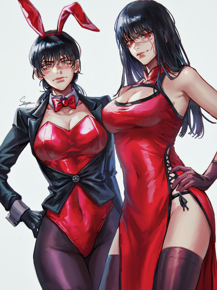 2girls animal_ears black_hair black_leotard blush bow bowtie breasts chainsaw_man china_dress chinese_clothes cleavage_cutout clothing_cutout covered_navel cross_scar detached_collar dress fake_animal_ears highleg highleg_leotard highres leotard long_hair looking_at_viewer low_twintails mitaka_asa multiple_girls pantyhose pelvic_curtain playboy_bunny rabbit_ears red_dress red_leotard ringed_eyes scar scar_on_cheek scar_on_face scar_on_nose side_slit simple_background sleeveless sleeveless_dress staryoruu strapless strapless_leotard traditional_bowtie twintails wrist_cuffs yoru_(chainsaw_man)