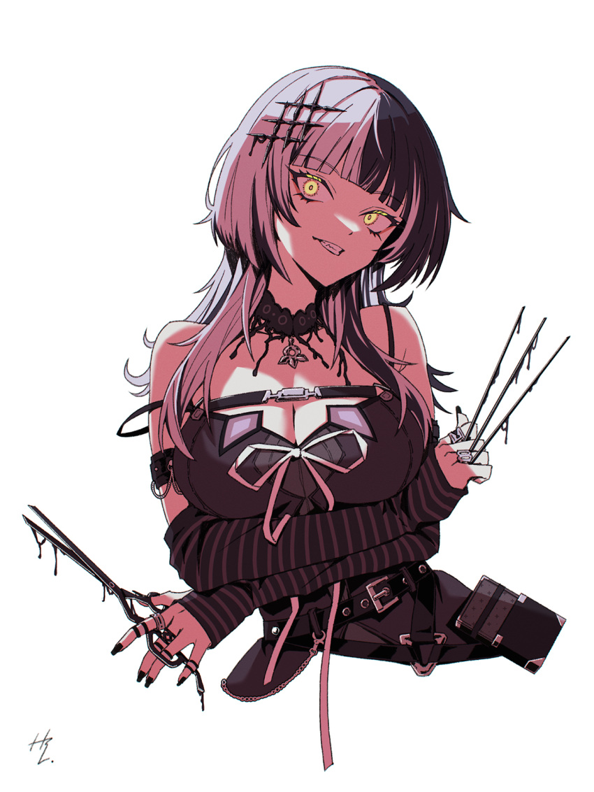 1girl bare_shoulders black_choker black_dress black_hair black_nails breast_strap breasts chest_belt choker cleavage dress grey_hair hair_ornament highres holding holding_needle holding_scissors hololive hololive_english lace lace-trimmed_choker lace_choker lace_trim large_breasts long_hair multicolored_hair needle scissors shiori_novella signature simple_background solo split-color_hair striped_arm_warmers taka_t two-tone_hair virtual_youtuber white_background yellow_eyes