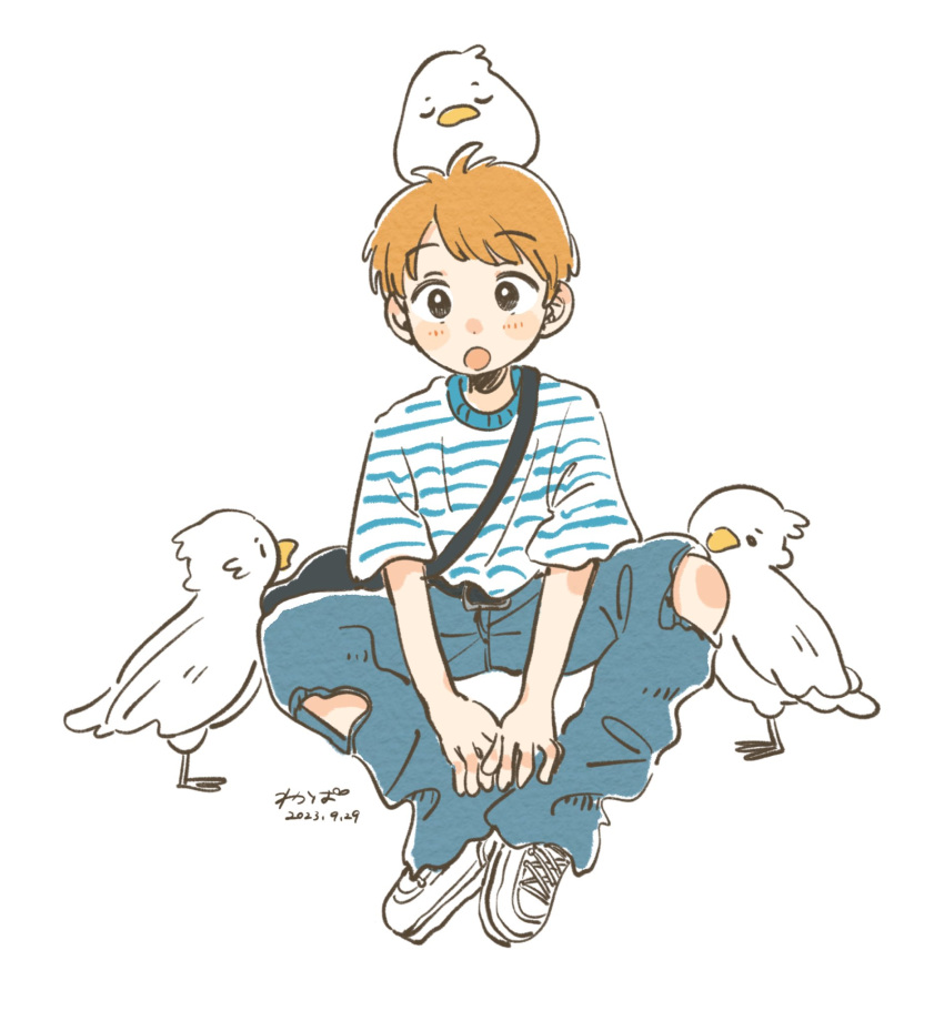 1boy :o bird black_eyes blue_bag blue_pants denim full_body highres jeans looking_at_viewer male_focus orange_hair original pants shirt short_hair short_sleeves simple_background solo striped striped_shirt torn_clothes torn_pants wakaba_maekawa white_background white_footwear