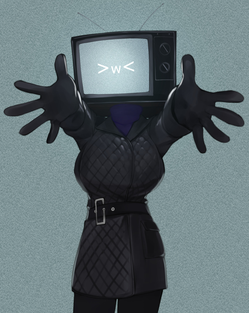 &gt;_&lt; 1girl :3 antennae black_gloves black_jacket black_pants breasts gloves highres jacket large_breasts looking_at_viewer object_head outstretched_arms pants skibidi_toilet solo sweater television turtleneck turtleneck_sweater tv_woman_(skibidi_toilet) x3 yoako