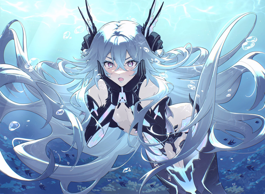 1girl adhesive_bra black_bra blue_hair blush bra breasts fins fish grey_eyes hair_between_eyes hair_ornament hands_on_own_face head_fins highres lamia_(punishing:_gray_raven) long_hair lower_teeth_only mao_(expuella) mechanical_arms mermaid monster_girl open_mouth punishing:_gray_raven small_breasts teeth underwater underwear very_long_hair