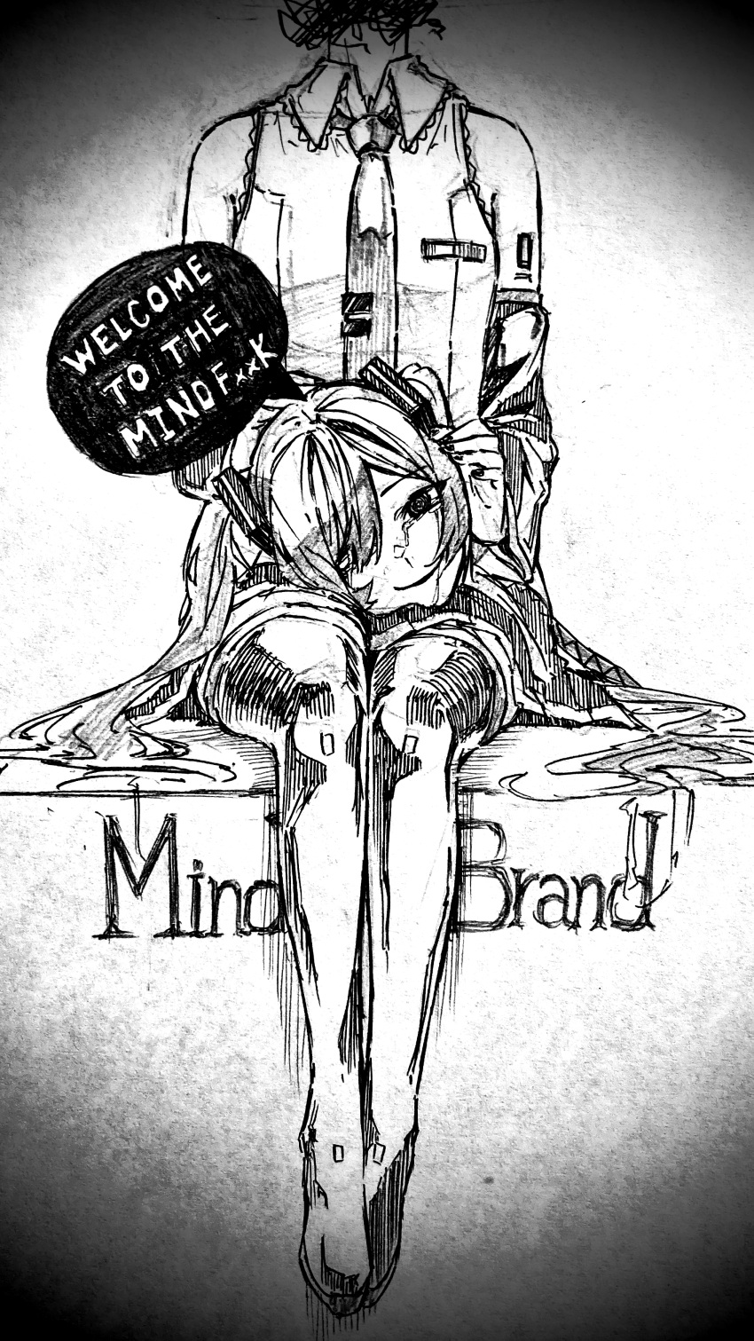1girl @_@ absurdres ballpoint_pen_(medium) boots collared_shirt commentary_request crying crying_with_eyes_open decapitation detached_sleeves empty_eyes english_text full_body graphite_(medium) greyscale hair_flowing_over hair_ornament hair_over_one_eye hands_on_own_head hatsune_miku highres lap_pillow long_hair looking_at_viewer lyrics mind_brand_(vocaloid) monochrome nail_polish necktie number_tattoo one_eye_covered pleated_skirt scribble shirt shoulder_tattoo sitting skirt sleeveless sleeveless_shirt smile solo song_name speech_bubble straight-on tattoo tears thigh_boots tie_clip traditional_media twintails vignetting vocaloid youbu_youma