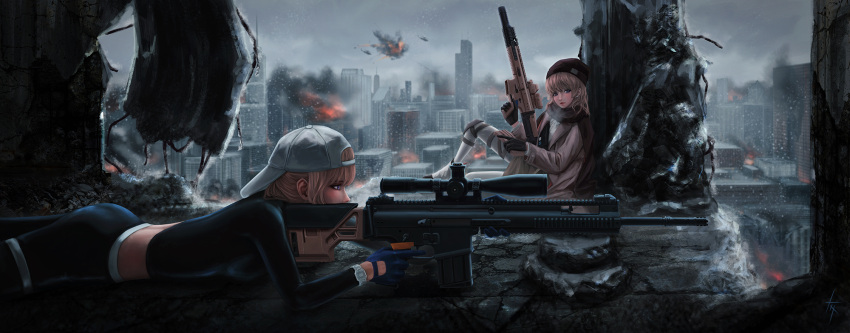 2girls acog aircraft assault_rifle baseball_cap beanie black_bodysuit black_gloves black_headwear black_pantyhose black_shirt black_shorts blonde_hair blue_eyes blue_gloves blunt_bangs bodysuit breasts building city cityscape closed_mouth commentary cover dindsau english_commentary explosion fire fn_scar girls'_frontline gloves grey_jacket gun hat helicopter highres holding holding_gun holding_weapon holster indoors jacket knee_pads knee_up long_hair long_sleeves looking_at_another looking_away lying magazine_(weapon) medium_breasts multiple_girls on_stomach optical_sight panties pantyhose parted_lips reloading rifle rooftop ruins scar-h_(girls'_frontline) scar-l_(girls'_frontline) scope shirt short_shorts shorts sidelocks sitting skyscraper strap suppressor tactical_clothes thigh_holster trigger_discipline underwear war watch weapon white_headwear white_panties