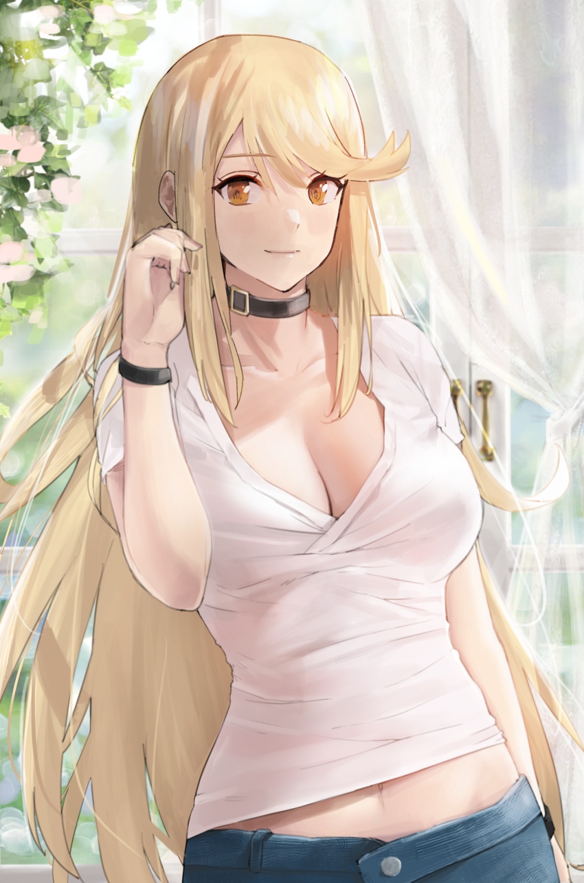 1girl absurdres armlet black_choker blonde_hair blue_pants blush breasts choker cleavage collarbone denim english_commentary hand_up highres j@ck jeans large_breasts light_smile long_hair looking_at_viewer midriff_peek mythra_(xenoblade) pants shirt solo standing swept_bangs white_shirt wristband xenoblade_chronicles_(series) xenoblade_chronicles_2 yellow_eyes