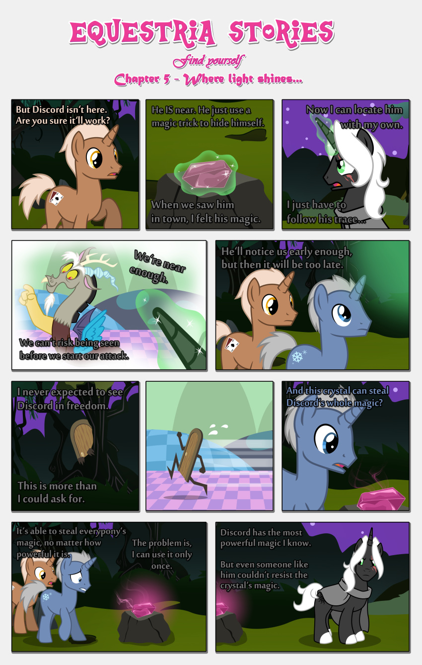 absurd_res anthro apprehensive black_border border chimera cloak clothing crystal cutie_mark discord_(mlp) draconequus equid equine estories fan_character feral friendship_is_magic glowing glowing_horn grass group hasbro hi_res hidden horn lore magic male mammal mobius_(estories) my_little_pony pink_crystals plant running spread_wings spying tree tree_stump unicorn wings