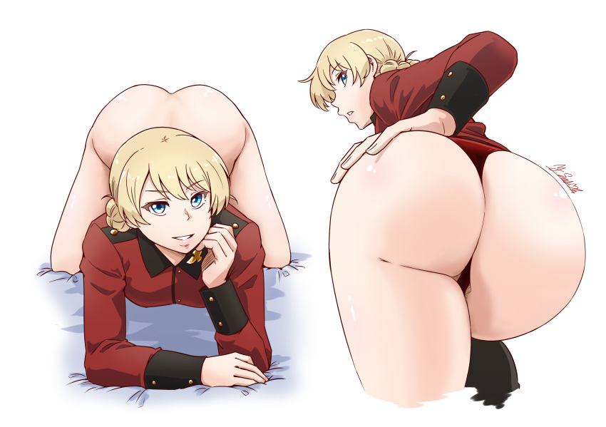 1girl all_fours artist_name bed_sheet blonde_hair blue_eyes bottomless braid commentary_request cropped_legs darjeeling_(girls_und_panzer) foreshortening from_behind girls_und_panzer hand_on_own_arm highres jacket looking_back military military_uniform no_pants on_bed panties parted_lips red_jacket red_panties satou_yasu short_hair signature smile solo st._gloriana's_military_uniform standing thong underwear uniform white_background
