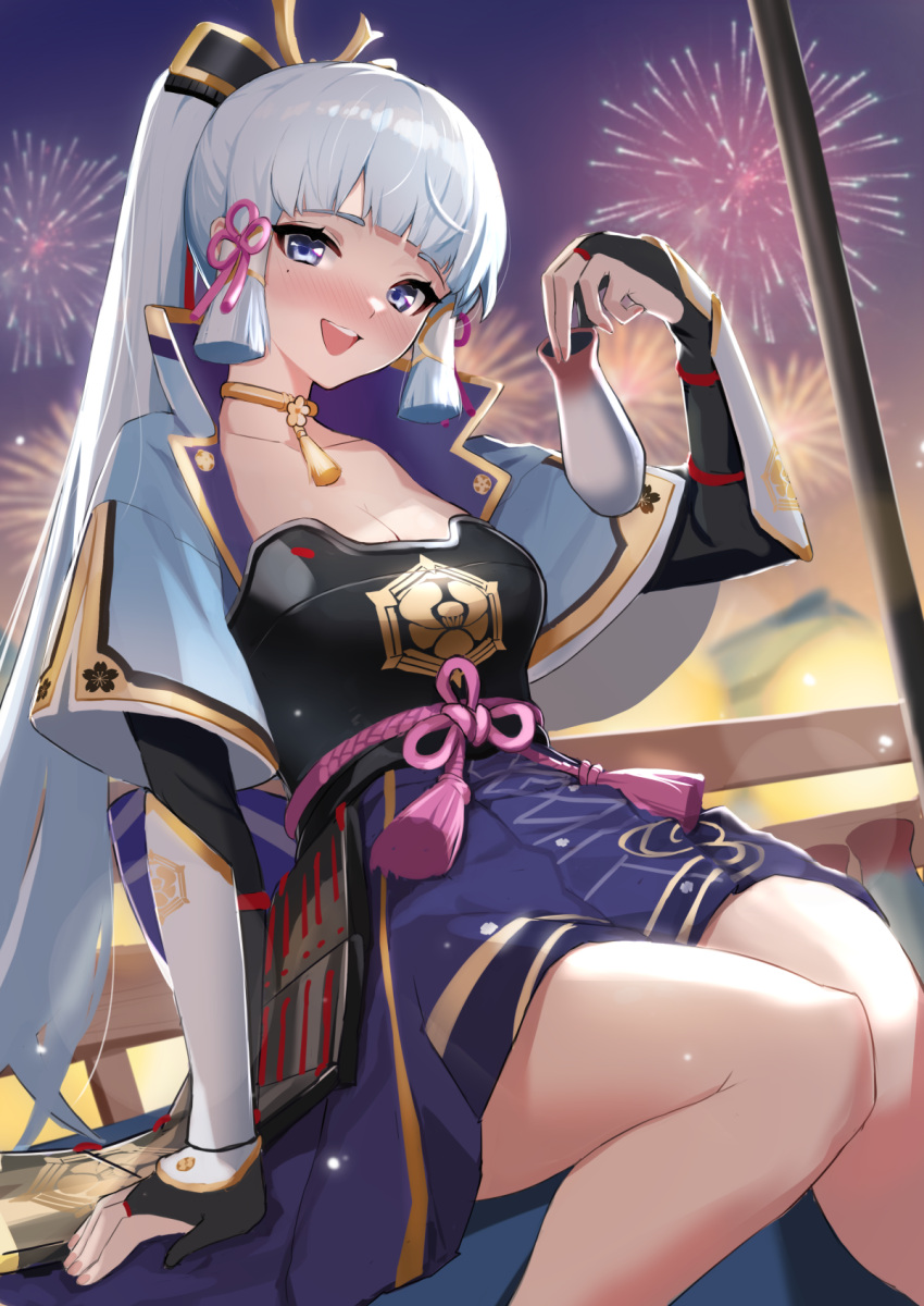 1girl :d arm_guards armor bench blunt_bangs blush bottle breastplate breasts choker cleavage collarbone commentary_request drunk fireworks genshin_impact grey_eyes grey_hair hair_ornament hair_ribbon head_tilt highres holding holding_bottle japanese_clothes kamisato_ayaka long_hair looking_at_viewer mole mole_under_eye ponytail ribbon short_sleeves sidelocks sitting smile solo stone_(ksorede) sweat tokkuri tress_ribbon twilight