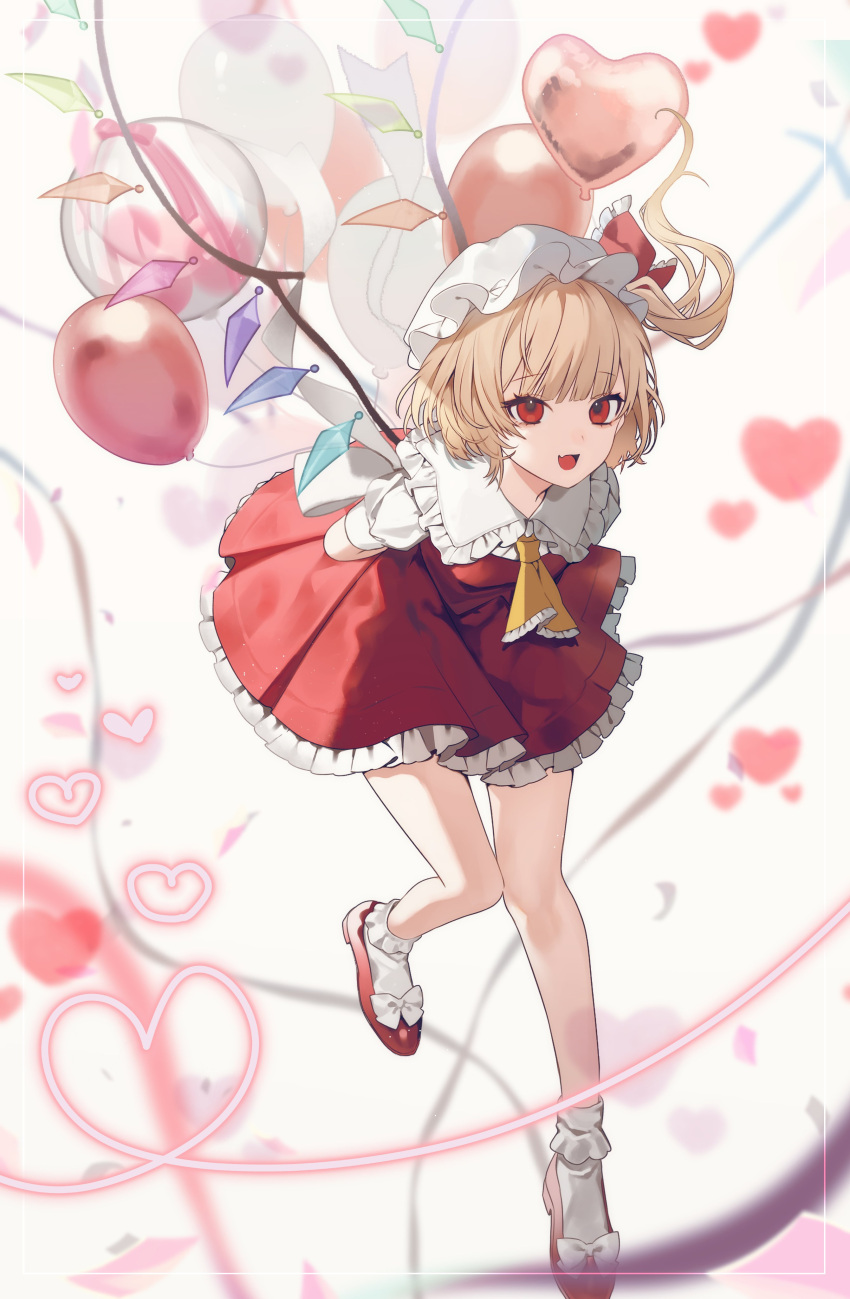 1girl :d absurdres arms_behind_back ascot balloon black_bow blonde_hair bobby_socks bow collared_shirt crystal daimaou_ruaeru flandre_scarlet footwear_bow frilled_ascot frilled_skirt frills full_body hair_between_eyes hat hat_bow heart heart_balloon heart_of_string high_heels highres knees_together_feet_apart leg_up looking_at_viewer mob_cap multicolored_wings one_side_up puffy_short_sleeves puffy_sleeves red_eyes red_footwear red_skirt red_vest shirt shoes short_hair short_sleeves skirt skirt_set smile socks solo standing standing_on_one_leg tongue tongue_out touhou vest white_headwear white_shirt white_socks wings yellow_ascot