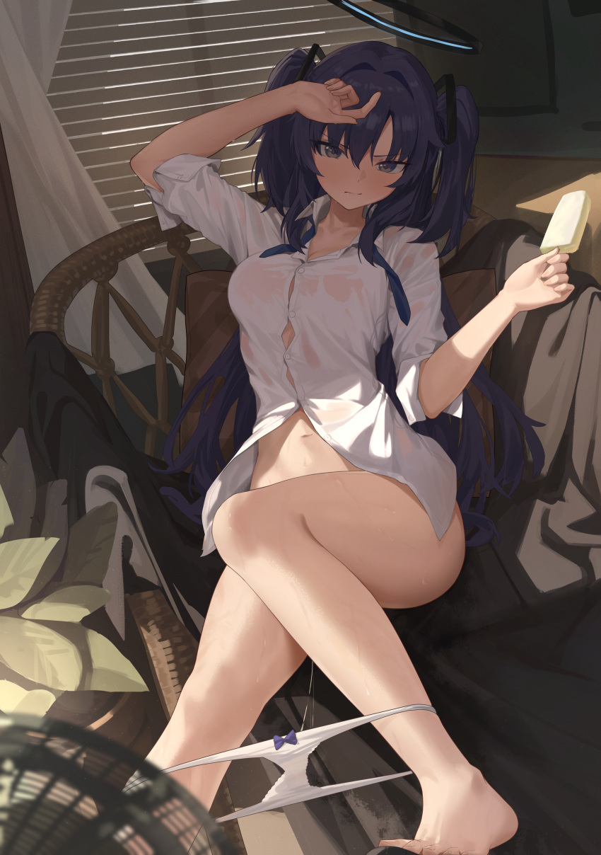 1girl absurdres blue_archive cc_xiaotintin collared_shirt highres looking_at_viewer panties panty_pull parted_bangs purple_eyes purple_hair pussy_juice pussy_juice_trail shirt sidelocks solo two_side_up underwear white_shirt yuuka_(blue_archive)