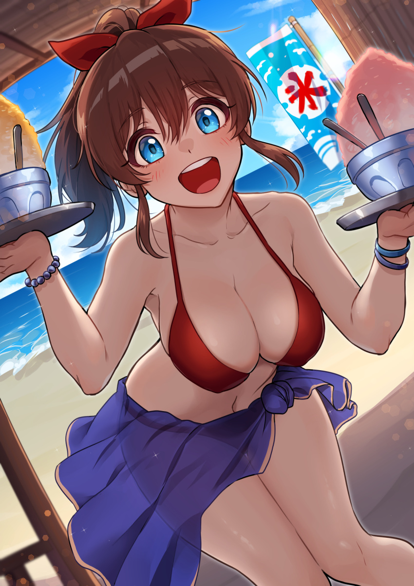 1girl beach bikini blue_eyes blush bow breasts brown_hair cleavage collarbone hair_bow hair_ribbon highres holding idolmaster idolmaster_million_live! idolmaster_million_live!_theater_days kamille_(vcx68) looking_at_viewer medium_breasts open_mouth ponytail red_bikini ribbon satake_minako solo swimsuit