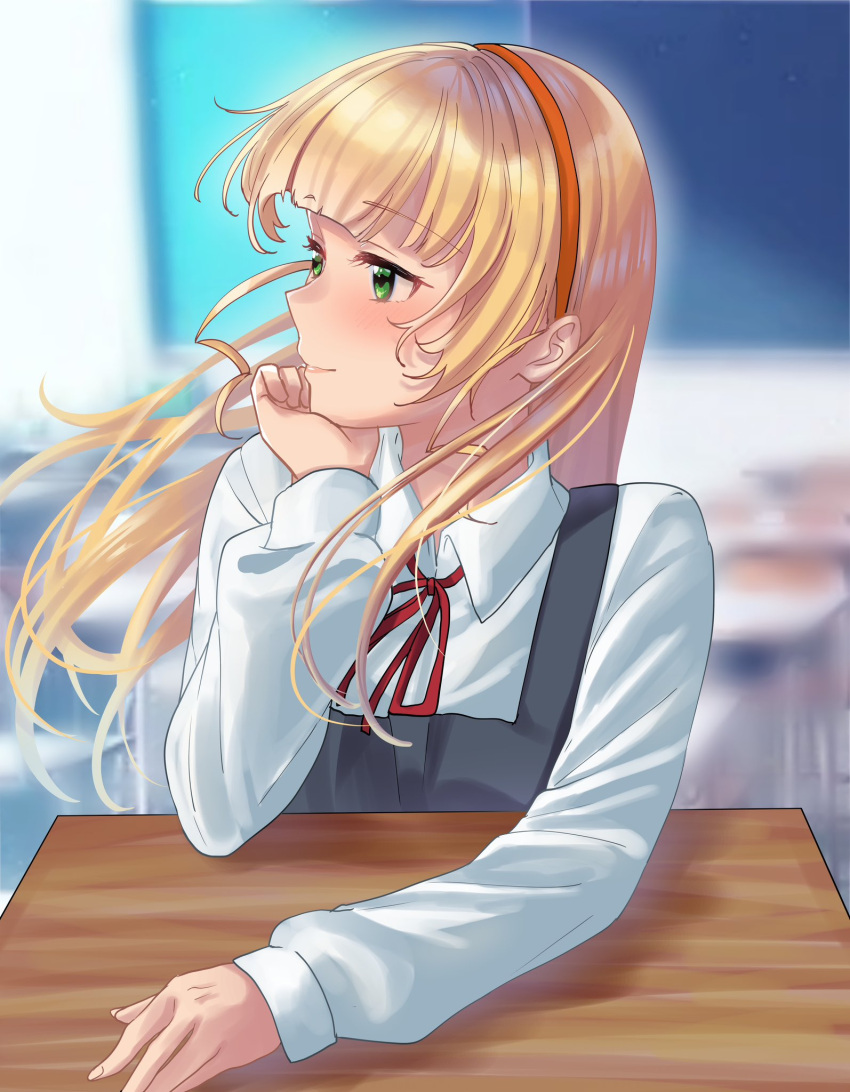 1girl arm_rest blonde_hair blunt_bangs blurry blurry_background blush chair chalkboard classroom closed_mouth collared_shirt commentary_request desk dress green_eyes grey_dress hair_behind_ear hairband head_rest heanna_sumire highres indoors long_hair long_sleeves looking_to_the_side love_live! love_live!_superstar!! mei_hinamatsu neck_ribbon orange_hairband pinafore_dress red_ribbon ribbon school school_desk school_uniform shirt sitting sleeveless sleeveless_dress smile solo string_tie white_shirt yuigaoka_school_uniform
