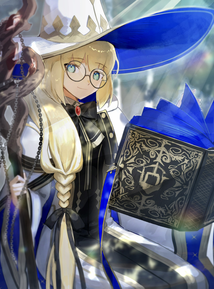 1girl black-framed_eyewear black_bow black_bowtie black_ribbon blonde_hair book bow bowtie braid braided_ponytail chain closed_mouth commentary_request fate/grand_order fate_(series) floating floating_object glasses green_eyes hair_ribbon hat highres holding holding_staff holding_weapon large_hat long_hair looking_at_viewer open_book ribbon robe round_eyewear smile solo staff tokoni_fusu tonelico_(fate) weapon white_headwear white_robe witch_hat