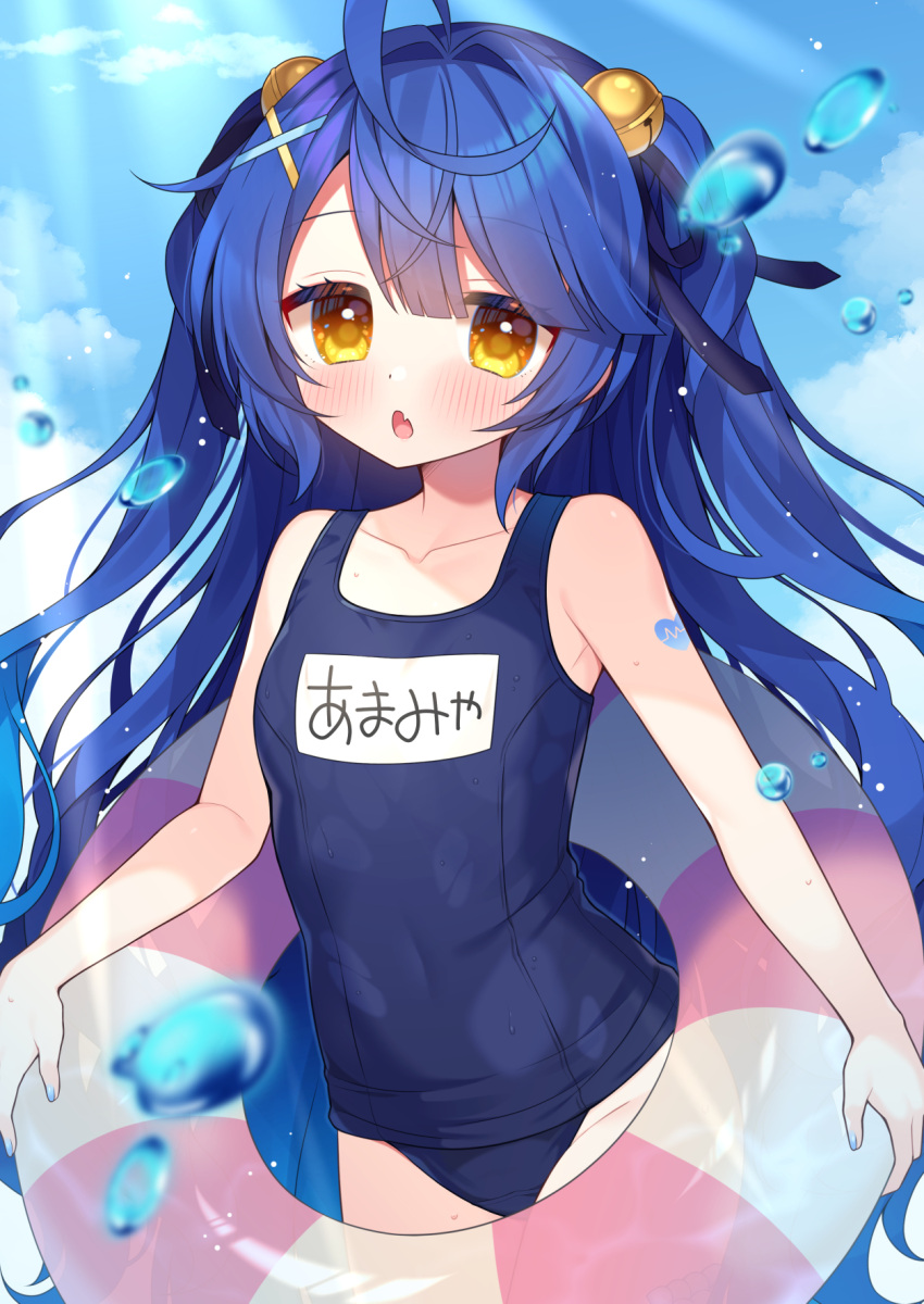 1girl ahoge alternate_costume amamiya_kokoro bare_arms bell blue_hair blue_one-piece_swimsuit blue_sky breasts cloud covered_navel dot_nose fang hair_bell hair_ornament hair_ribbon heart heart_tattoo highres holding holding_innertube innertube jingle_bell light_blush long_hair looking_at_viewer name_tag nijisanji old_school_swimsuit one-piece_swimsuit open_mouth ribbon school_swimsuit school_swimsuit_flap skin_fang sky small_breasts solo swimsuit tattoo two_side_up ujiie virtual_youtuber water x_hair_ornament yellow_eyes