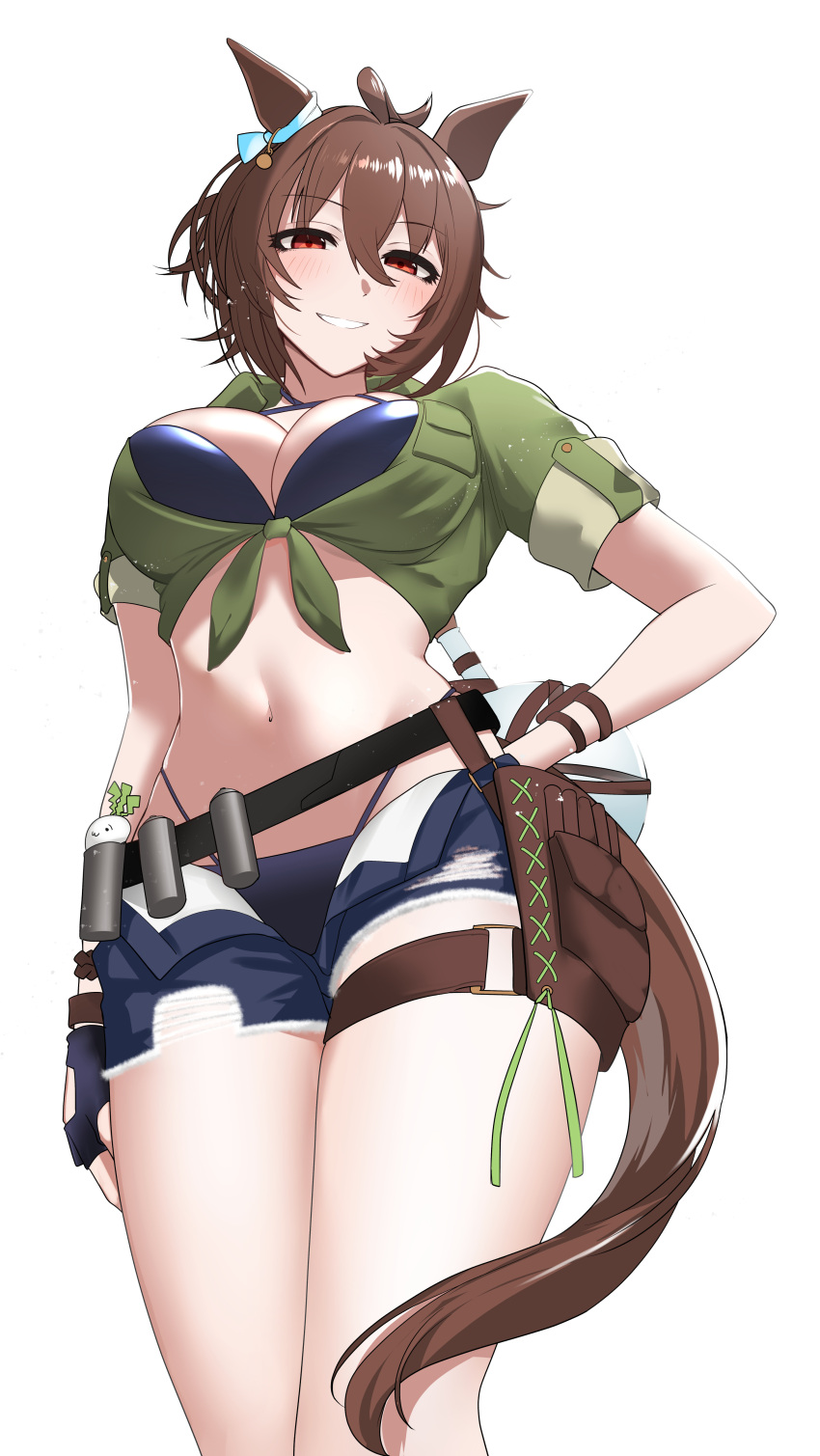 1girl absurdres agnes_tachyon_(lunatic_lab)_(umamusume) agnes_tachyon_(umamusume) ahoge animal_ears belt belt_pouch bikini black_bikini black_gloves blue_shorts breast_pocket brown_hair canister commentary cowboy_shot criss-cross_halter denim denim_shorts ear_ornament fingerless_gloves flask food from_below gloves green_jacket grin hair_between_eyes halterneck hand_on_own_hip highres horse_ears jacket messy_hair official_alternate_costume open_clothes open_shorts pocket pouch red_eyes round-bottom_flask short_hair short_shorts shorts single_fingerless_glove smile solo summer's_sunlight_fades_to_blue_(umamusume) swimsuit thigh_strap thighs tied_jacket tonari_no_kishida torn_clothes torn_shorts umamusume vegetable