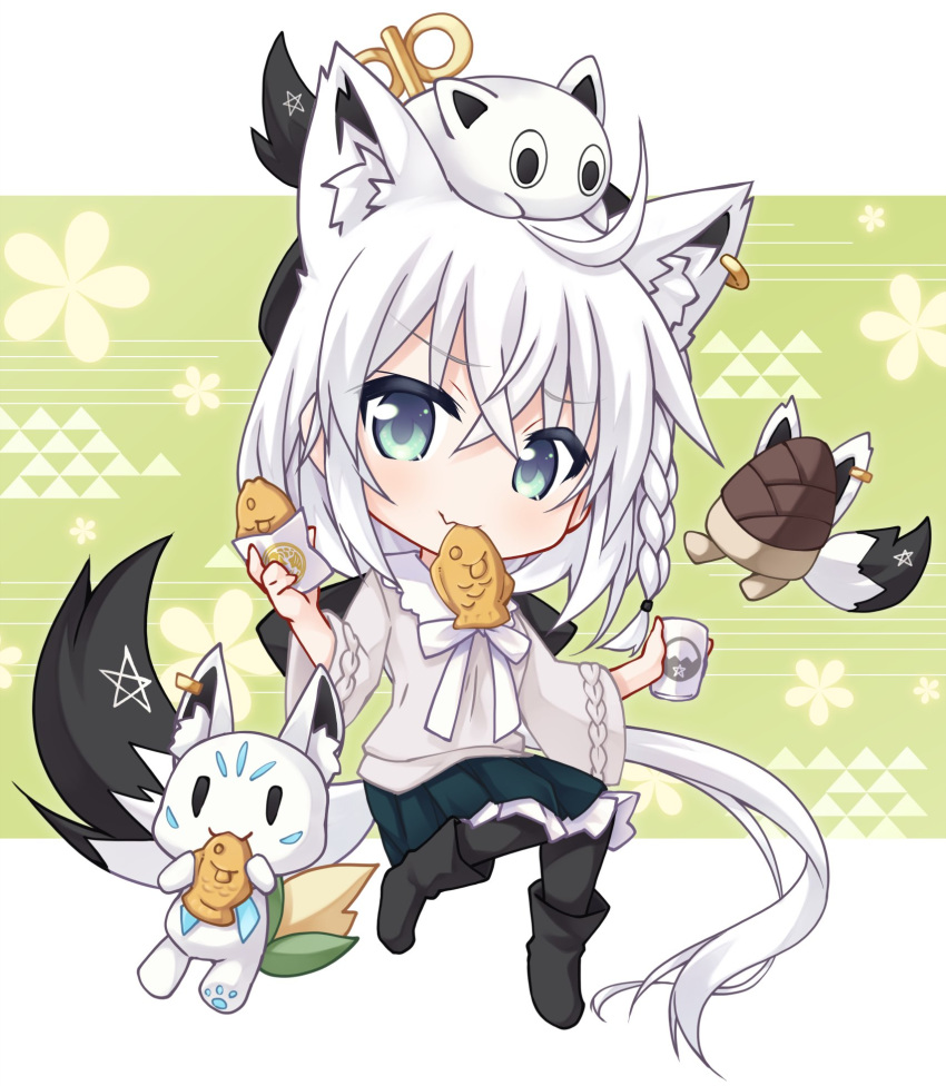 1girl ahoge animal_ear_fluff animal_ears black_footwear black_pantyhose boots braid chibi commentary_request cup earrings eating food food_in_mouth fox_ears fox_girl fox_tail green_eyes greenskirt hair_between_eyes hanatsumi highres holding holding_cup hololive jewelry long_hair looking_at_viewer mascot nejima_kitsune_(shirakami_fubuki) oruyanke_(shirakami_fubuki) pantyhose pentagram shirakami_fubuki shirt sidelocks single_braid sukonbu_(shirakami_fubuki) tail taiyaki virtual_youtuber wagashi white_hair white_shirt yunomi