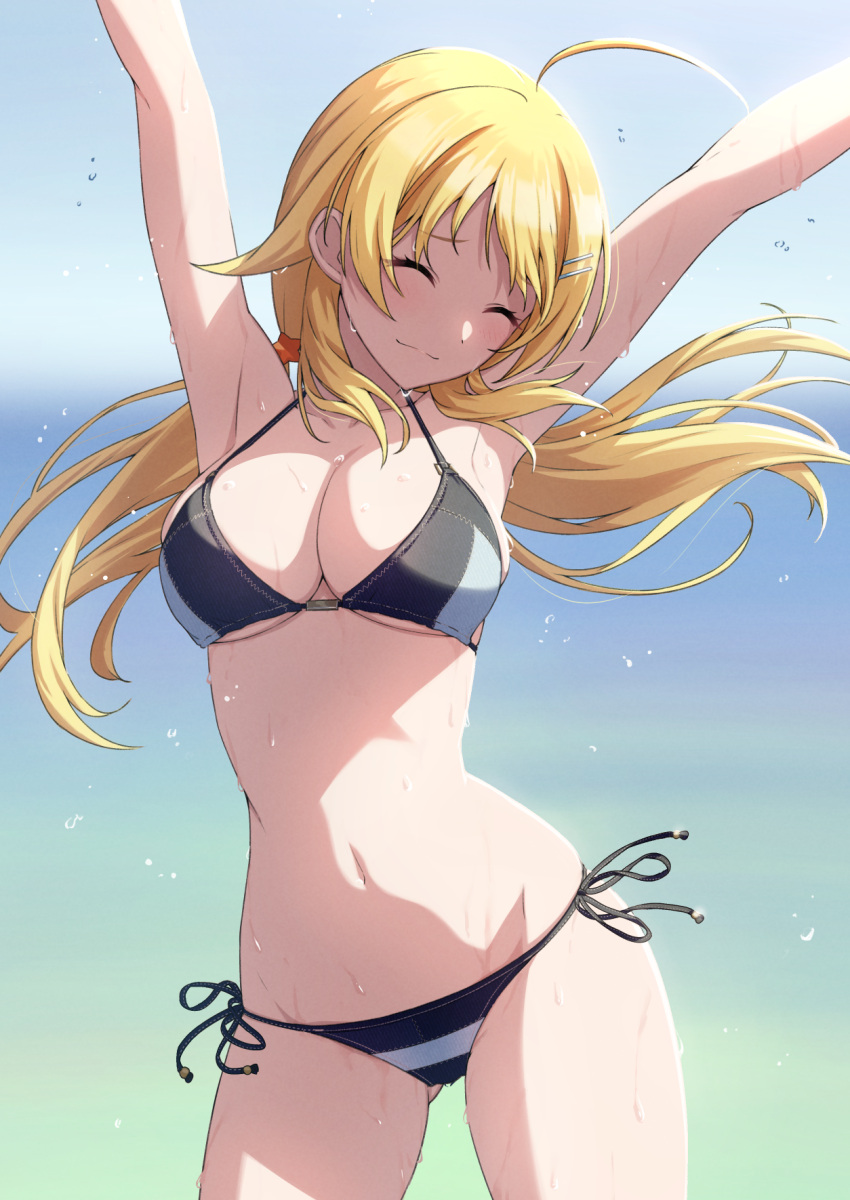 1girl \o/ ^_^ ahoge amochin armpits arms_up ass_visible_through_thighs bikini blonde_hair blush breasts cleavage closed_eyes collarbone commentary floating_hair hachimiya_meguru halterneck highres idolmaster idolmaster_shiny_colors large_breasts navel outstretched_arms side-tie_bikini_bottom smile solo stomach stretching string_bikini swimsuit twintails water_drop