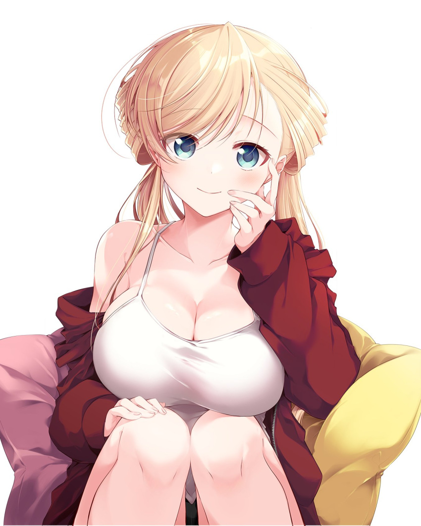 1girl araragi_ayune blonde_hair blue_eyes blush breasts cleavage closed_mouth collarbone commentary fingernails hair_over_one_eye hand_on_own_cheek hand_on_own_face highres jacket knee_to_chest large_breasts long_hair looking_at_viewer off_shoulder on_pillow open_clothes open_jacket original red_jacket rinna_milford shirt simple_background sitting sitting_on_pillow smile solo spaghetti_strap symbol-only_commentary twintails upper_body white_background white_shirt