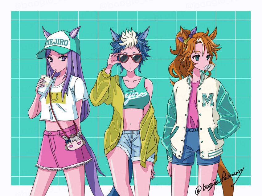 3girls adjusting_eyewear alternate_costume animal_ears bag baseball_cap blue_eyes blue_shorts boogie_february breasts brown_hair bubble_blowing chewing_gum crop_top cup disposable_cup drinking ears_through_headwear feet_out_of_frame flat_chest gold_ship_(umamusume) green_eyes hand_in_pocket handbag hat highres holding holding_cup horse_ears horse_girl horse_tail jacket letterman_jacket long_hair looking_to_the_side medium_breasts mejiro_mcqueen_(umamusume) mejiro_palmer_(umamusume) mejiro_ryan_(umamusume) multicolored_hair multiple_girls navel off_shoulder open_clothes open_jacket pink_shirt pink_skirt ponytail purple_eyes purple_hair shirt shirt_tucked_in short_hair shorts shoulder_bag skirt standing sunglasses tail tank_top twitter_username two-tone_hair umamusume white_hair white_shirt yellow_jacket