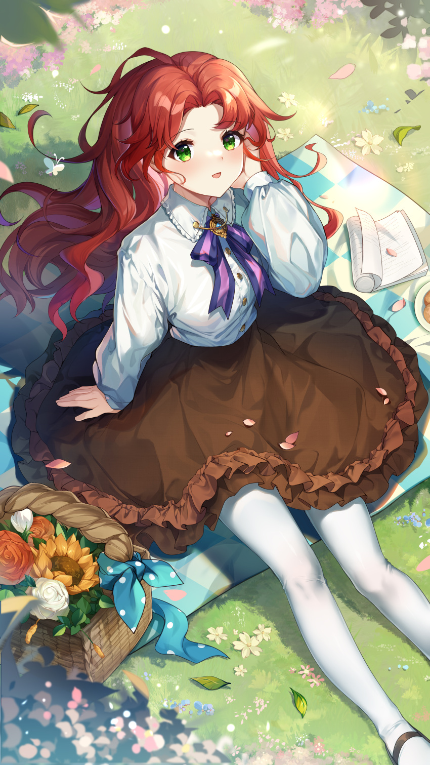 1girl :d absurdres aged_down ankle_strap arm_support blanket book bow bowtie brown_skirt bug butterfly collared_shirt curly_hair falling_petals feet_out_of_frame flower frilled_shirt_collar frilled_skirt frills from_above grass green_eyes guzangnanfeng hand_in_own_hair hand_up helix_waltz_2 highres kalia_rovella leaf long_hair long_sleeves looking_up on_ground open_book outdoors pantyhose parted_bangs petals picnic_basket puffy_long_sleeves puffy_sleeves purple_bow purple_bowtie red_flower red_hair red_rose rose shirt sitting skirt smile solo sunflower white_flower white_pantyhose white_rose white_shirt yellow_flower