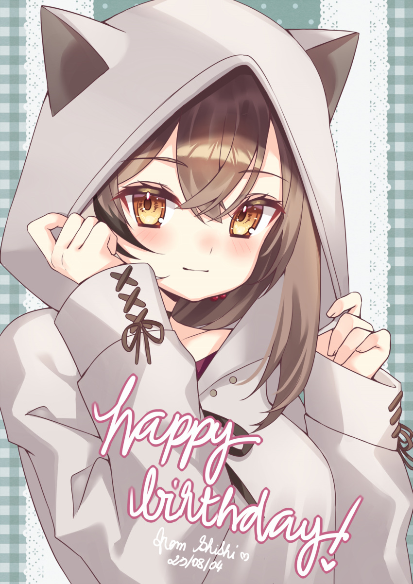 1girl animal_hood black-framed_eyewear black_hair brown_hair earrings glasses happy_birthday highres hololive hololive_english hood hood_up jewelry long_hair looking_at_viewer multicolored_hair nanashi_mumei nanashi_mumei_(3rd_costume) single_earring smile solo streaked_hair sweater virtual_youtuber watashishi white_hair white_hood white_sweater yellow_eyes