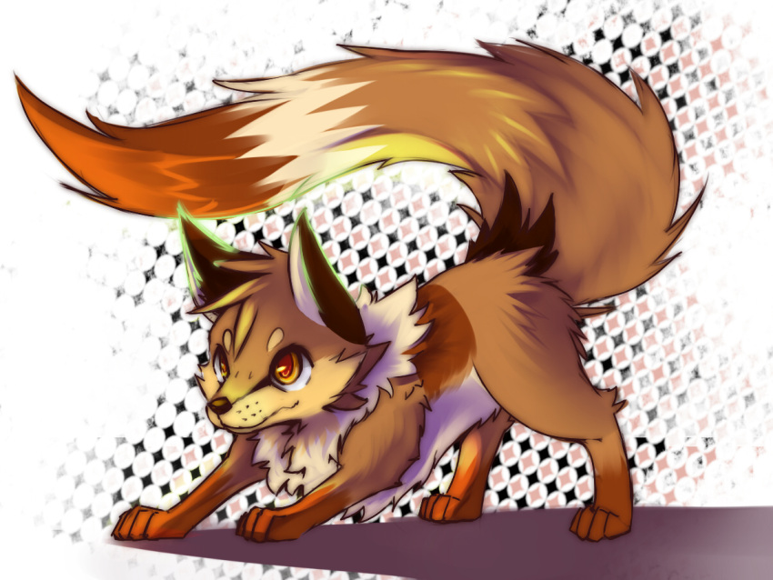 4:3 abstract_background ambiguous_gender brown_body brown_fur butt_tuft canid cheek_tuft chest_tuft facial_tuft feral full-length_portrait fur glistening glistening_eyes kuttoyaki leg_markings mammal markings mouth_closed orange_eyes portrait quadruped side_view socks_(marking) solo tan_body tan_fur tuft